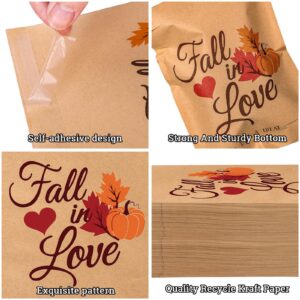 Whaline 100 Pack Fall Wedding Favor Candy Bags Fall in Love Treat Bags Pumpkin Maple Leaves Self-Adhesive Buffet Kraft Paper Cookie Bags Party Favor Snack Bags for Autumn Wedding Gift, 5x7.1 Inch