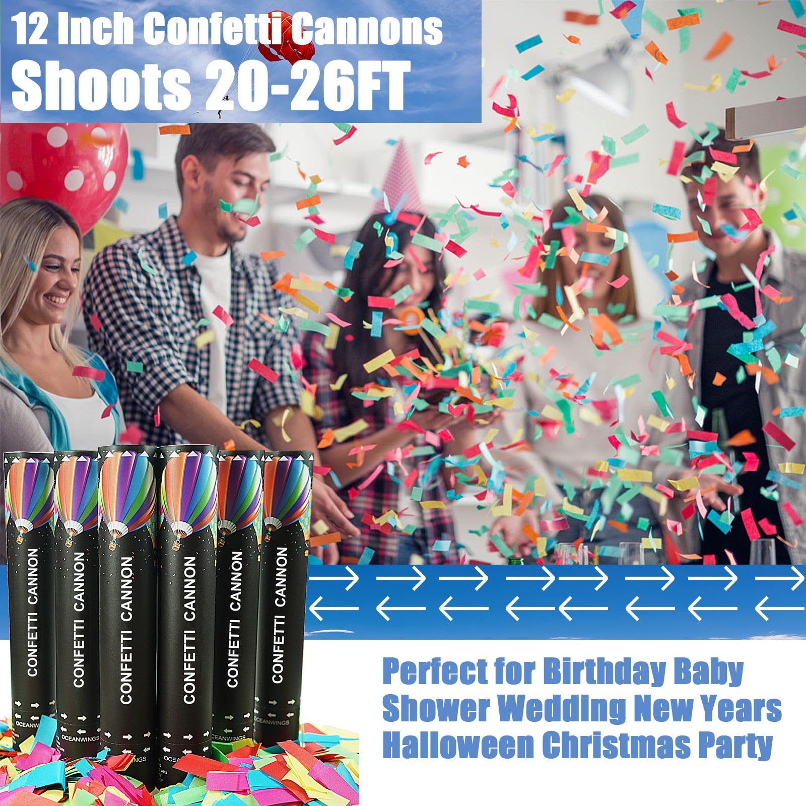 Biodegradable Confetti Cannon Easy Clean - 6 Pack Party Poppers Confetti Shooters for Birthday Graduation Wedding New Year’s Eve Celebration Office Prank, Large Confetti Cannon