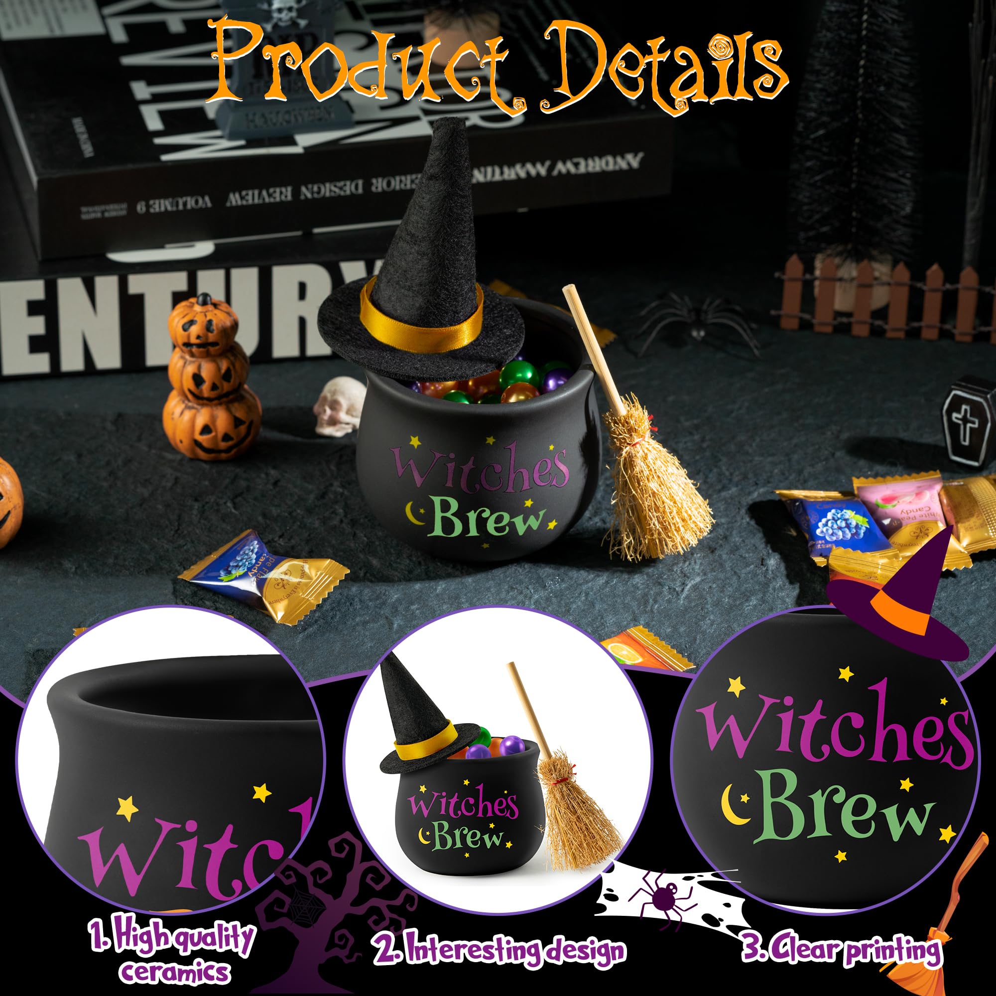 WATINC Halloween Witches Brew Candy Dish Mini Witches Cauldron Ceramic Candy Bowl Tiered Tray Decor, Trick or Treat Broomstick Snack Serving Bowl Decoration, Candy Bucket for Halloween Wizard Party