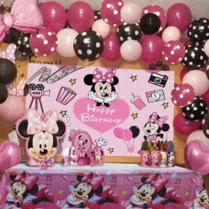 Pink Mouse Birthday Backdrop 6x4ft and Pink Mouse Color Balloon Garland Kit,116 pcs Pink Black Dot Balloon Arch with Pink Bow Balloons for Girls Mouse Theme Birthday Baby Shower Party Supplies