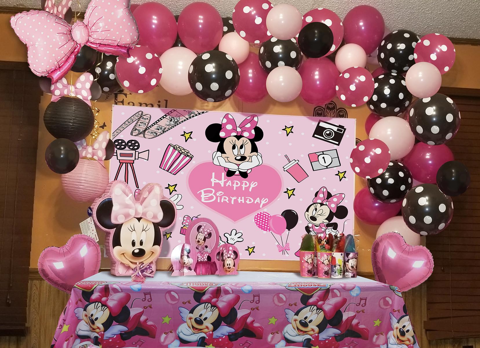 Pink Mouse Birthday Backdrop 6x4ft and Pink Mouse Color Balloon Garland Kit,116 pcs Pink Black Dot Balloon Arch with Pink Bow Balloons for Girls Mouse Theme Birthday Baby Shower Party Supplies