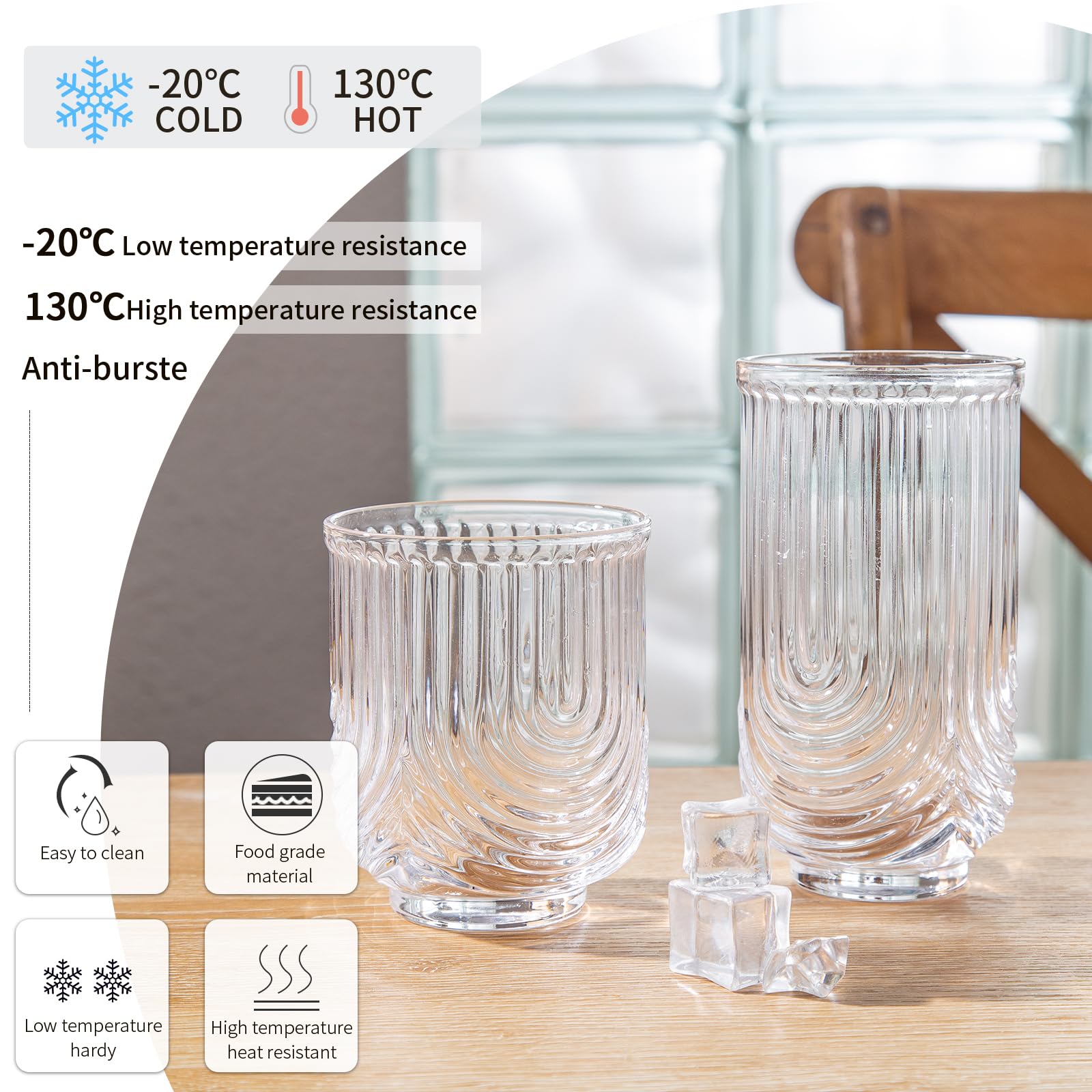 INSETLAN Vintage Glassware Arch Design Glass cups Set of 4, Fashioned Ripple Glassware Highball Glass, Classic Transparent Cocktail Glasses, for Bar Beverages Ice Coffee Juice Water (4pcs-L)