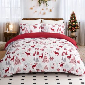 3 pieces christmas duvet cover set queen - reversible xmas red and white snowflake christmas tree reindeer pattern bedding set for holiday decoration, microfiber comforter cover set w/2 pillowcases