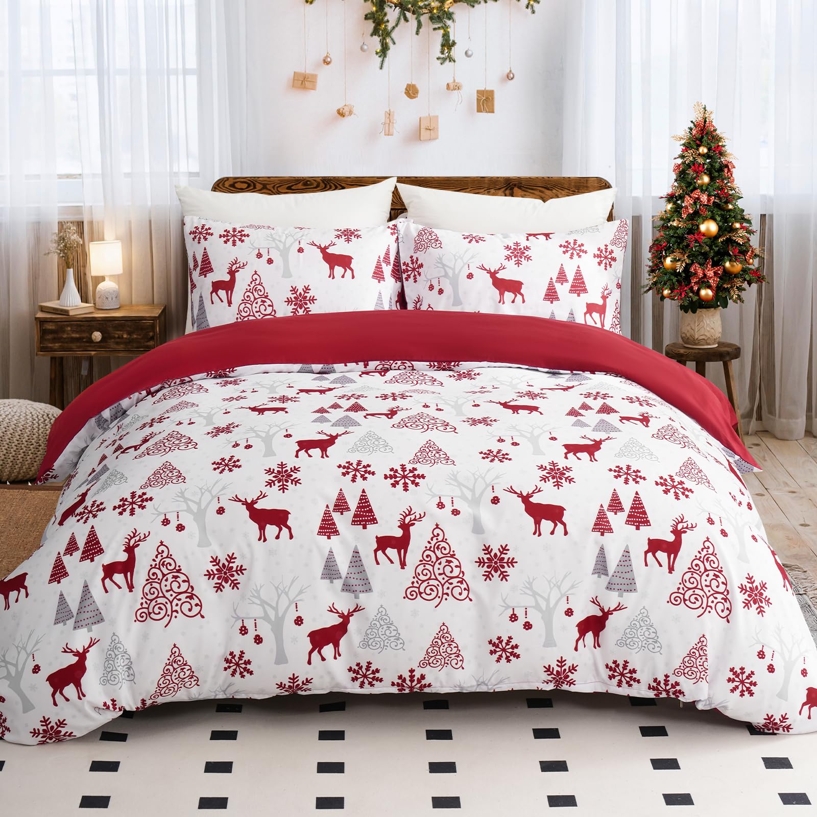 3 Pieces Christmas Duvet Cover Set Queen - Reversible Xmas Red and White Snowflake Christmas Tree Reindeer Pattern Bedding Set for Holiday Decoration, Microfiber Comforter Cover Set w/2 Pillowcases