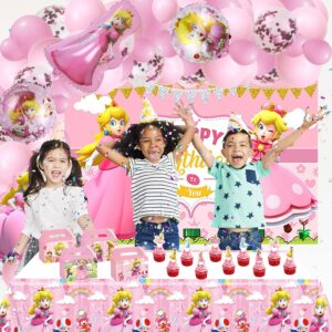 Princess Peach Birthday Party Supplies, Princess Peach Theme Party Decorations, Princess Peach Theme Party Favors Include Garland Arch Kit, Foil Balloon, Backdrop, Tablecloth