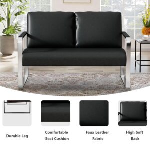 POINTANT Love Seat Mini Couch Small Settee Loveseat Bench for Living Room, Faux Leather Loveseat Sofa Small Sofa Couches for Small Spaces with Padded Cushion, Mid Century Modern Black Love Seats