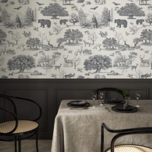 RollsRolla Toile Wallpaper Black and White Woodland Farmhouse Wallpaper Peel and Stick Wallpaper Cute Wallpaper for Teens Boys Room and Nursery