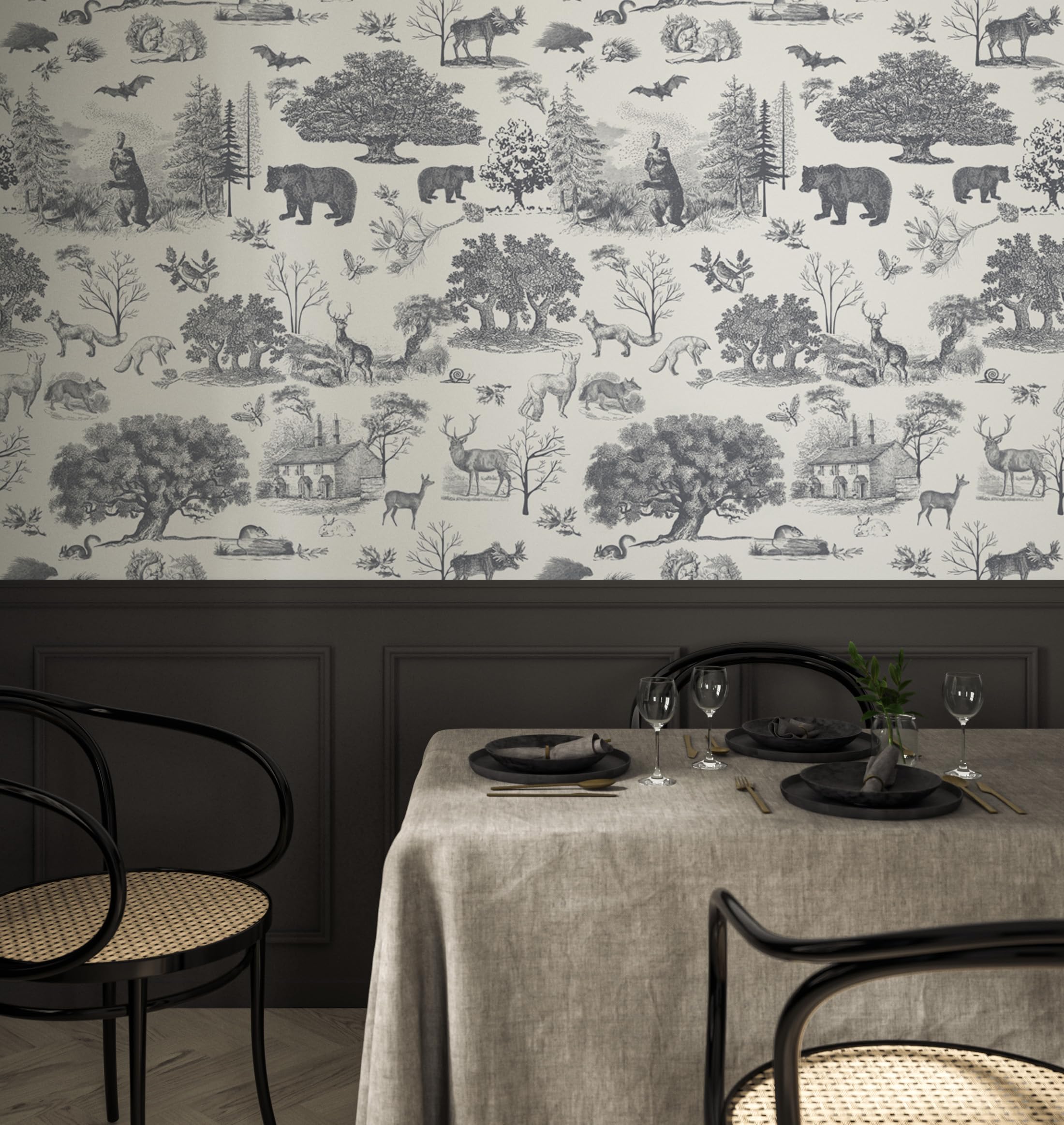 RollsRolla Toile Wallpaper Black and White Woodland Farmhouse Wallpaper Peel and Stick Wallpaper Cute Wallpaper for Teens Boys Room and Nursery