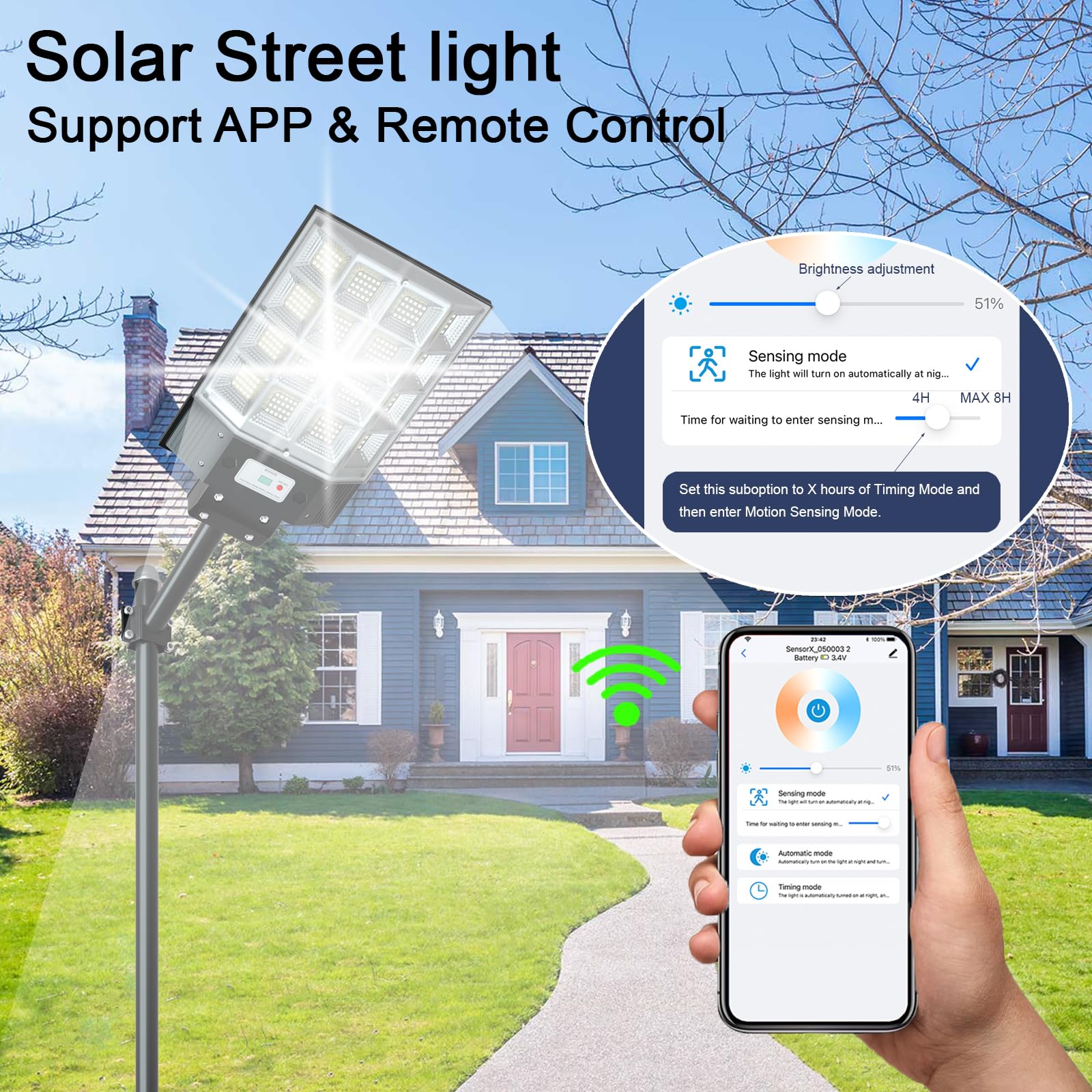 WaitScher Solar Street Lights Outdoor Dusk to Dawn, 1500w Flood Light with App 200000lm Waterproof Motion Sensor Light