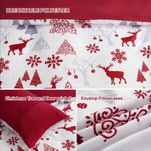 3 Pieces Christmas Duvet Cover Set Queen - Reversible Xmas Red and White Snowflake Christmas Tree Reindeer Pattern Bedding Set for Holiday Decoration, Microfiber Comforter Cover Set w/2 Pillowcases