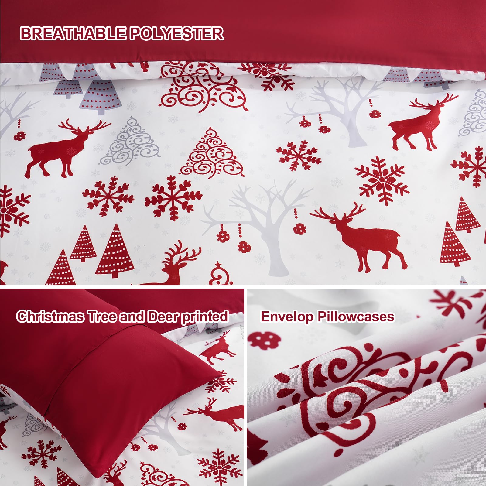 3 Pieces Christmas Duvet Cover Set Queen - Reversible Xmas Red and White Snowflake Christmas Tree Reindeer Pattern Bedding Set for Holiday Decoration, Microfiber Comforter Cover Set w/2 Pillowcases