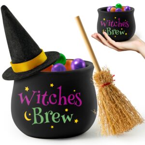 watinc halloween witches brew candy dish mini witches cauldron ceramic candy bowl tiered tray decor, trick or treat broomstick snack serving bowl decoration, candy bucket for halloween wizard party