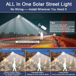 WaitScher Solar Street Lights Outdoor Dusk to Dawn, 1500w Flood Light with App 200000lm Waterproof Motion Sensor Light