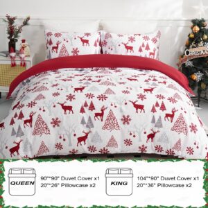 3 Pieces Christmas Duvet Cover Set Queen - Reversible Xmas Red and White Snowflake Christmas Tree Reindeer Pattern Bedding Set for Holiday Decoration, Microfiber Comforter Cover Set w/2 Pillowcases