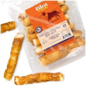 riley's chicken wrapped dog treats - usa sourced, usa made medium dog treats - dog chew sticks - raw hides for medium dogs - wrapped rawhide sticks for dogs - 12 twists - medium