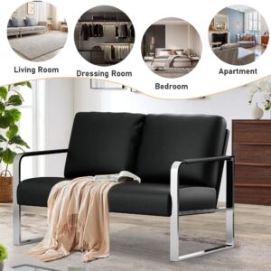 POINTANT Love Seat Mini Couch Small Settee Loveseat Bench for Living Room, Faux Leather Loveseat Sofa Small Sofa Couches for Small Spaces with Padded Cushion, Mid Century Modern Black Love Seats