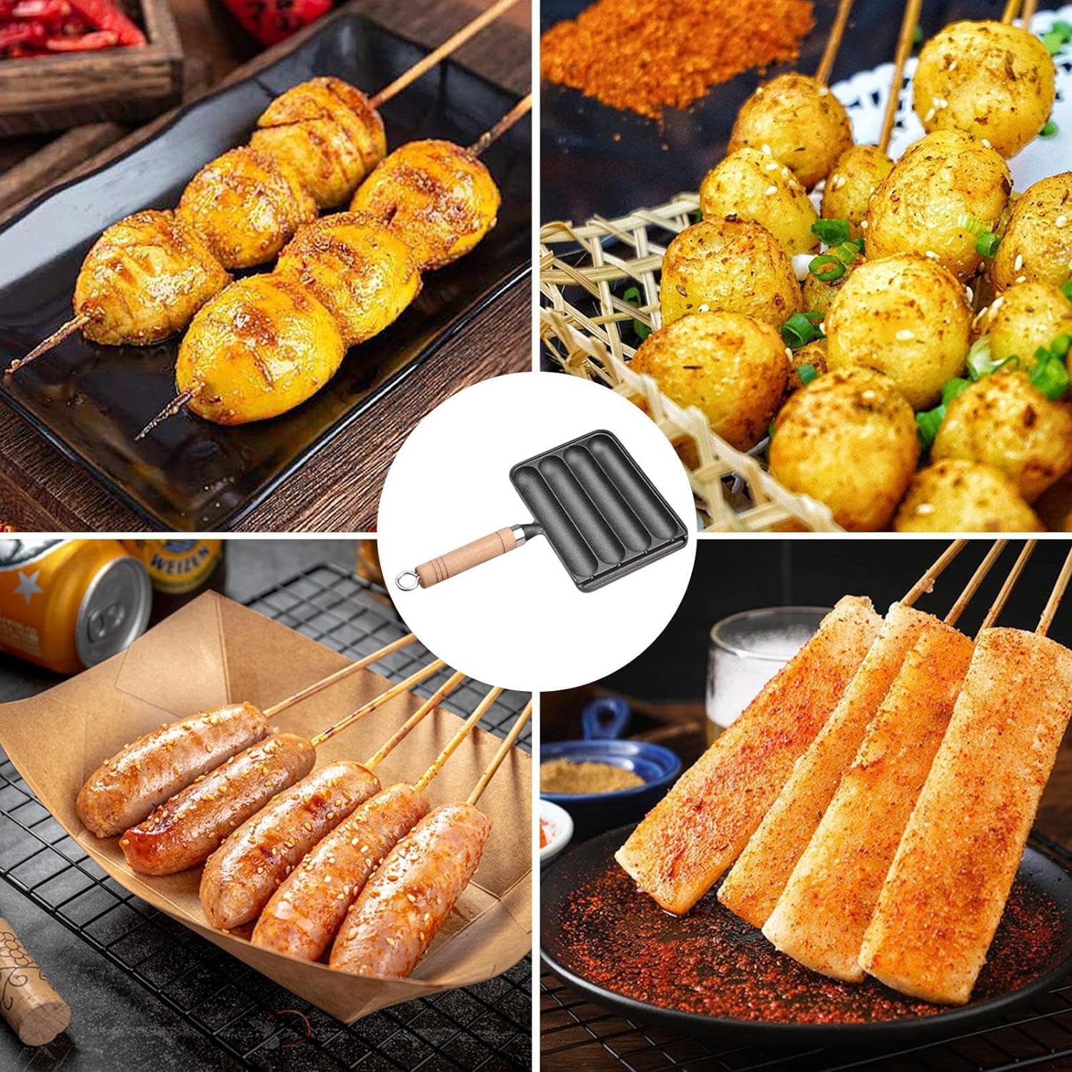 Sfocgoi Sausage Grill Pan, Cast Iron Sausage Pan, Non Stick Baking Tray With Anti Scald Wooden Handle, Sausage Pan Hot Dog Grill Pan-A