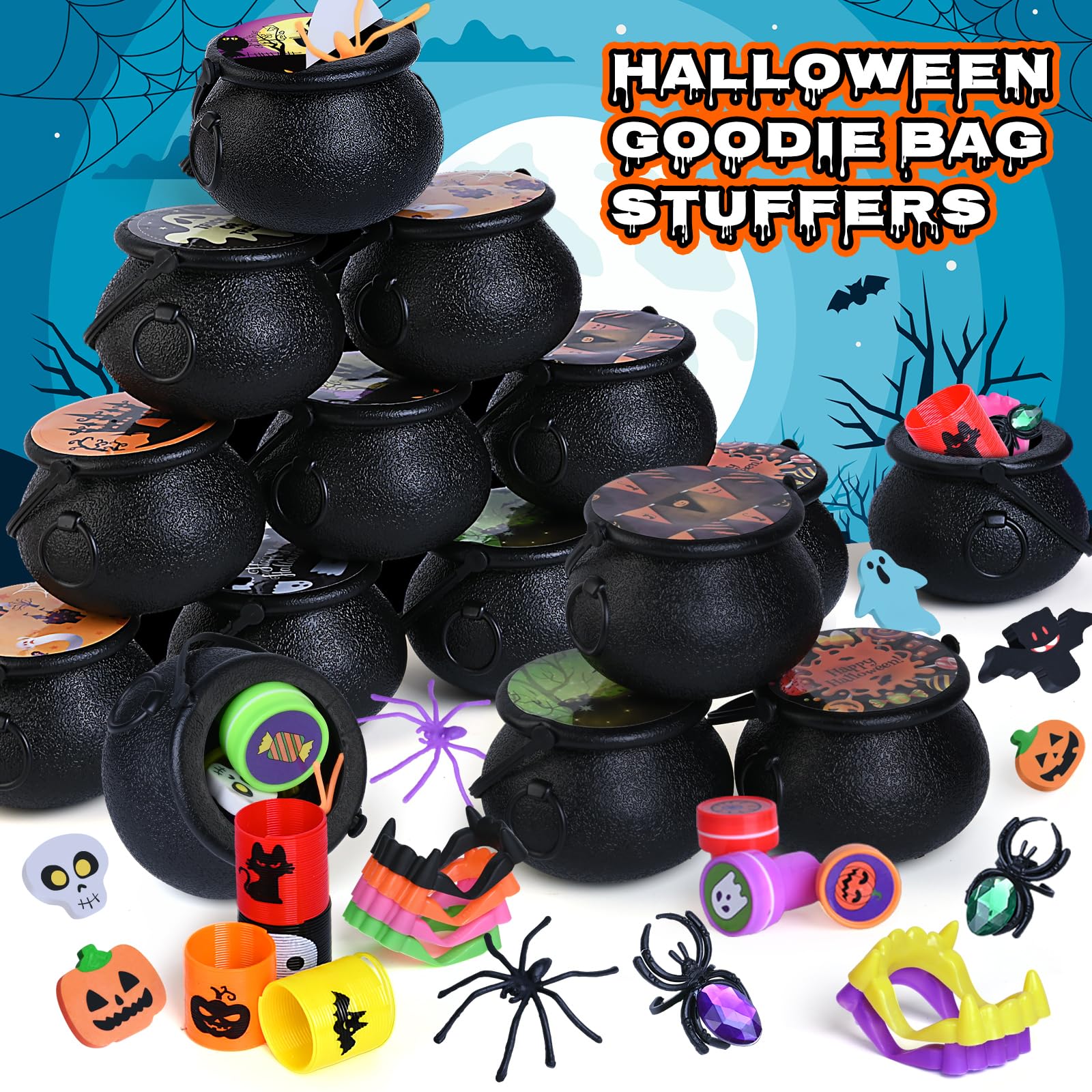 256 PCS Halloween Party Favors Bulk for Kids, 32 Pack Prefilled Witch Cauldrons with Halloween Toys, Halloween Goodie Bag Fillers, Halloween Party Supplies, Halloween Miniatures Novelty Toys