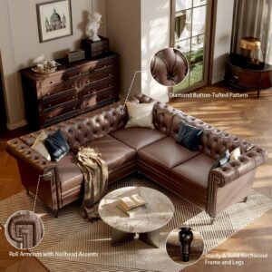 EYBCT Faux Leather Sectional Sofa Couch for Living Room, L Shaped Reversible Modern Chesterfield Sofa with Rolled Arms and Nailhead, 5 Seat Tufted Couch for Small or Large Space (Dark Brown)