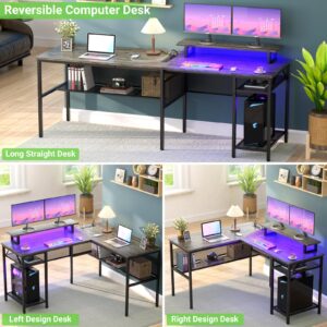 Unikito L Shaped Computer Desk with Magic Power Outlets and Smart LED Light, Reversible 55 Inch Corner Office Desk with Monitor Stand, Unique Grid Design, Gaming Table with Storage, Black Oak