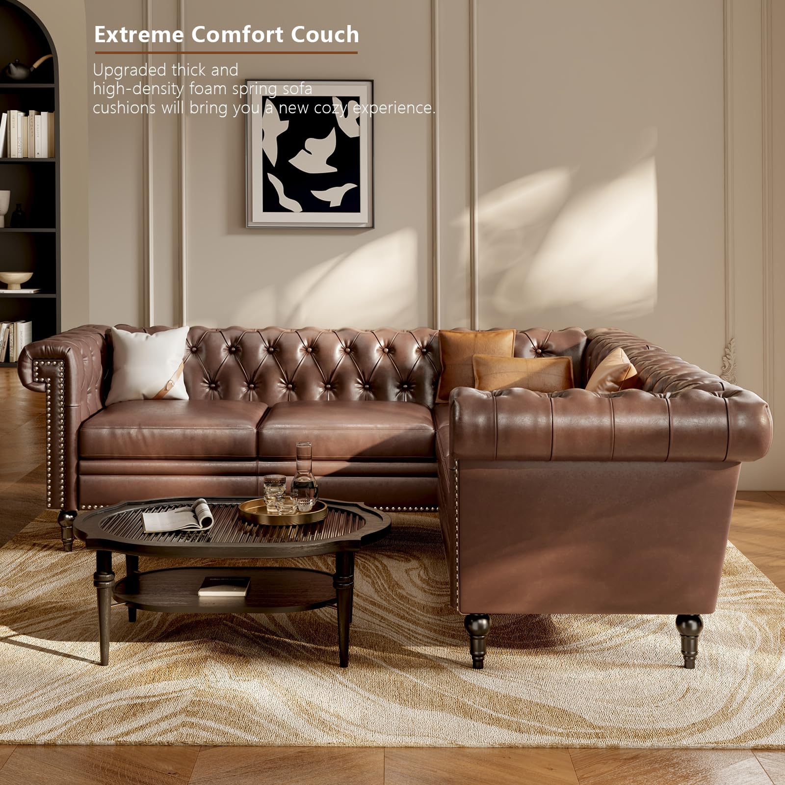 EYBCT Faux Leather Sectional Sofa Couch for Living Room, L Shaped Reversible Modern Chesterfield Sofa with Rolled Arms and Nailhead, 5 Seat Tufted Couch for Small or Large Space (Dark Brown)