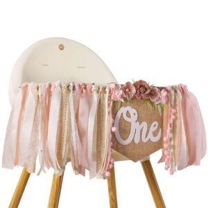 Pink 1st/ First Birthday High Chair Banner For Girls - Floral Tea Party Decoration, Happy Birthday Backdrop For Baby Shower, Floral Birthday Banner, Sweet One Banner, Princess Birthday Decoration,