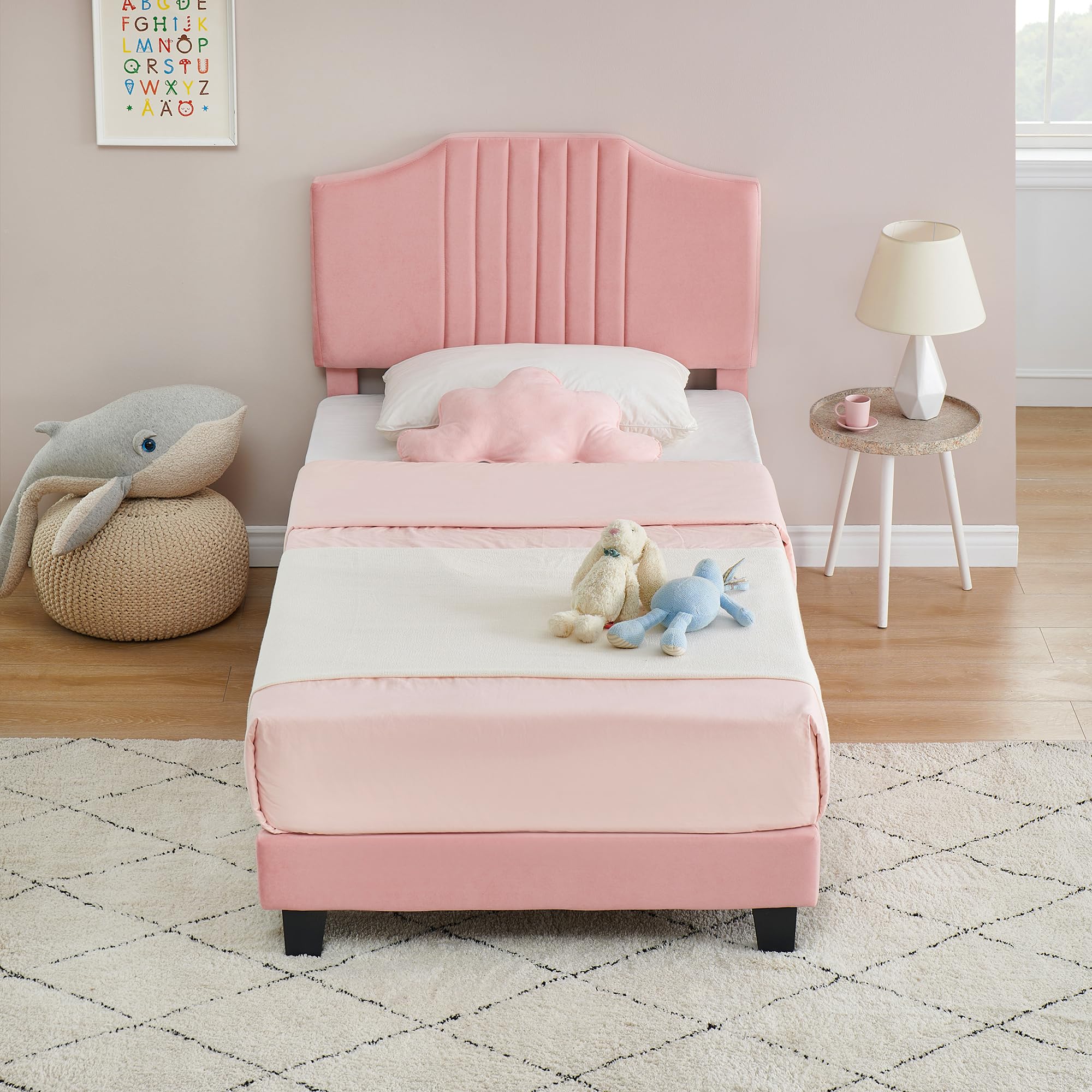 IDEALHOUSE Twin Bed Frame Upholstered Platform with Headboard, Strong Frame and Wooden Slats Support, Velvet Fabric Wrap, Non-Slip and Noise-Free,No Box Spring Needed, Easy Assembly, Pink