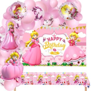 princess peach birthday party supplies, princess peach theme party decorations, princess peach theme party favors include garland arch kit, foil balloon, backdrop, tablecloth