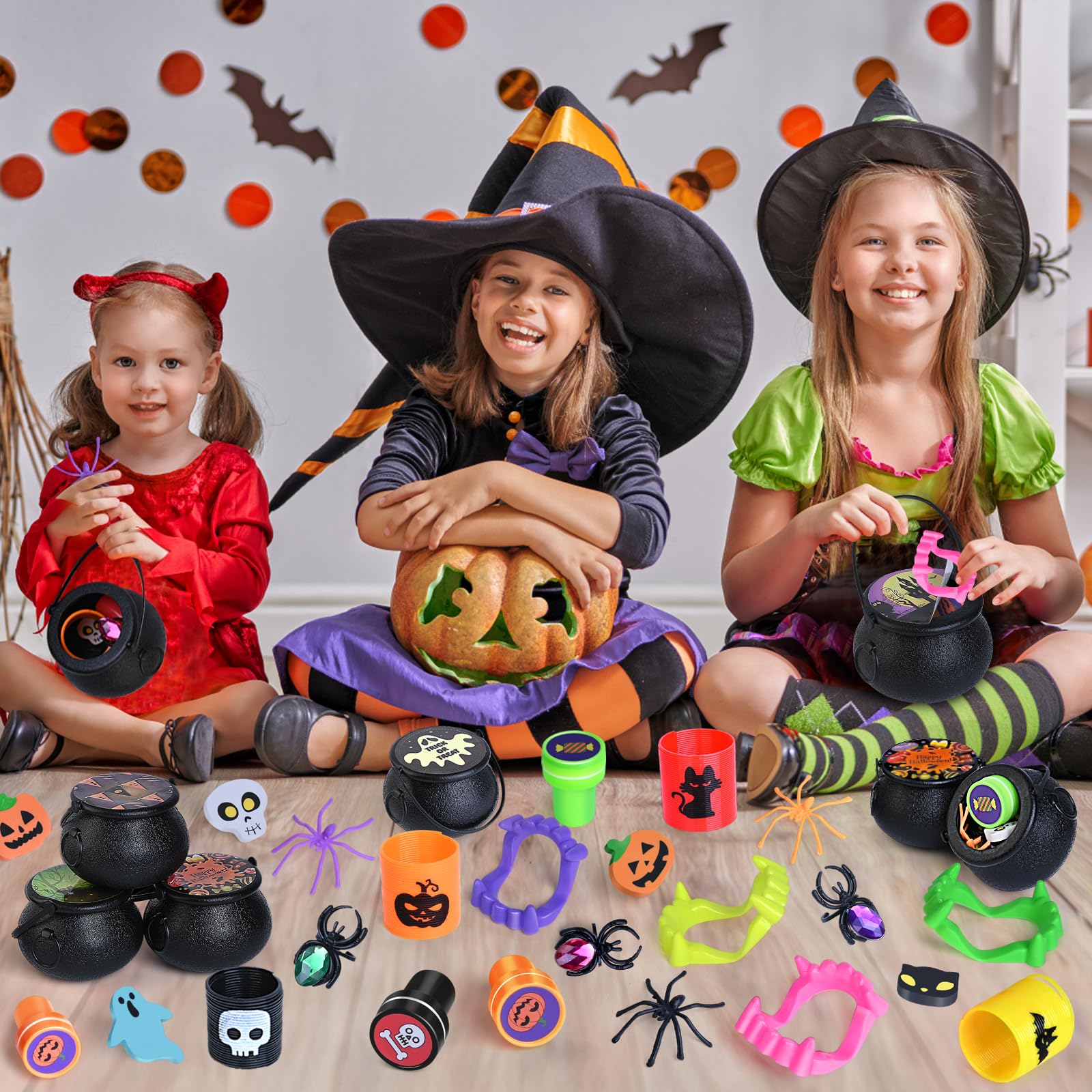 256 PCS Halloween Party Favors Bulk for Kids, 32 Pack Prefilled Witch Cauldrons with Halloween Toys, Halloween Goodie Bag Fillers, Halloween Party Supplies, Halloween Miniatures Novelty Toys