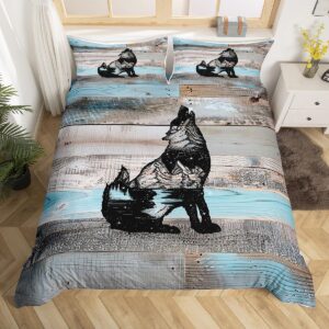 wolf duvet cover queen rustic farmhouse style bedding set,lodge cabin wood comforter cover grey blue wooden plank woodland wildlife bed set,western wild animal black sketch drawing room decor