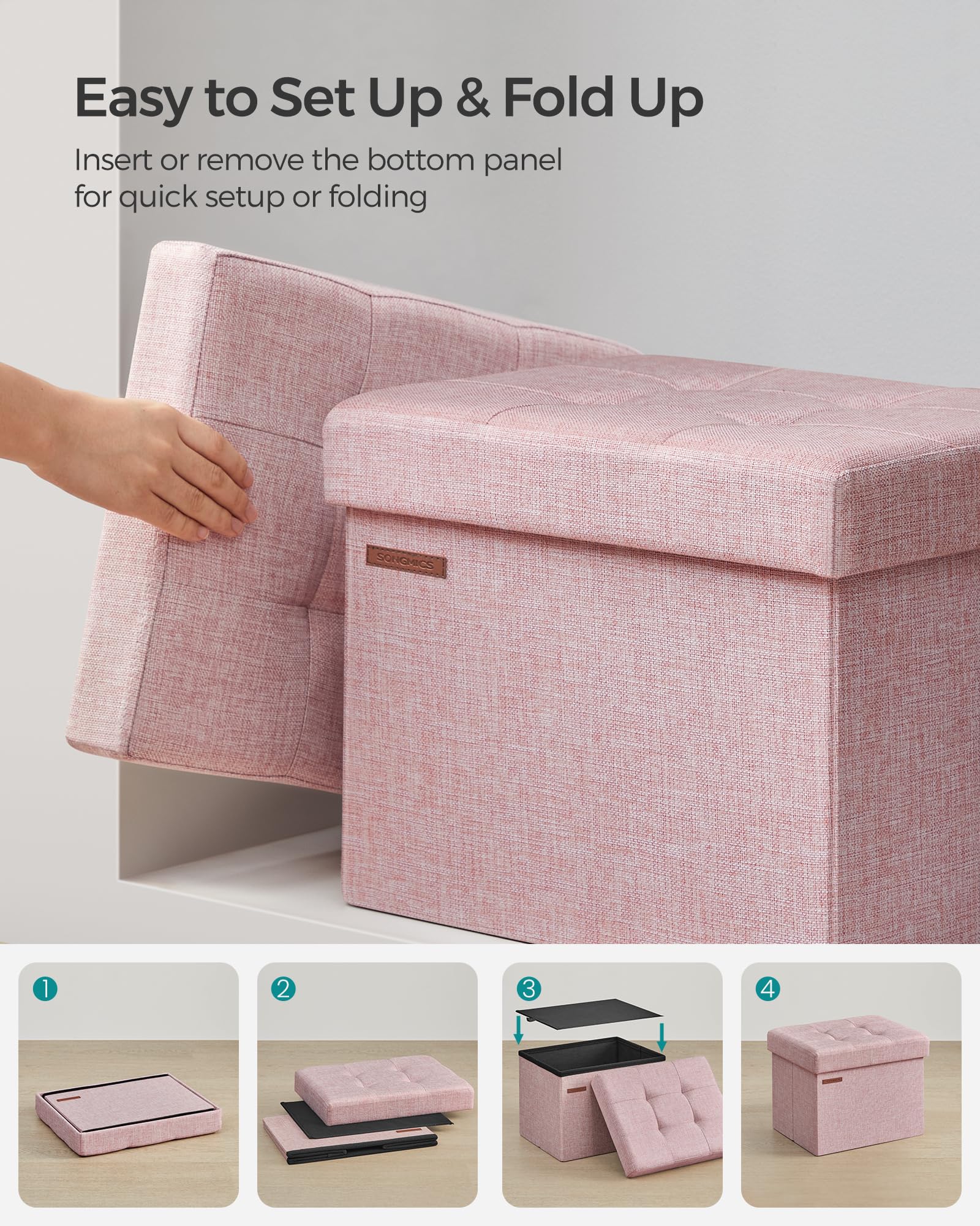 SONGMICS Small Folding Storage Ottoman, Foot Rest Stool, 12.2 x 16.1 x 12.2 Inches, 286 lb Load Capacity, for Living Room, Bedroom, Home Office, Dorm, Jelly Pink ULSF102R01