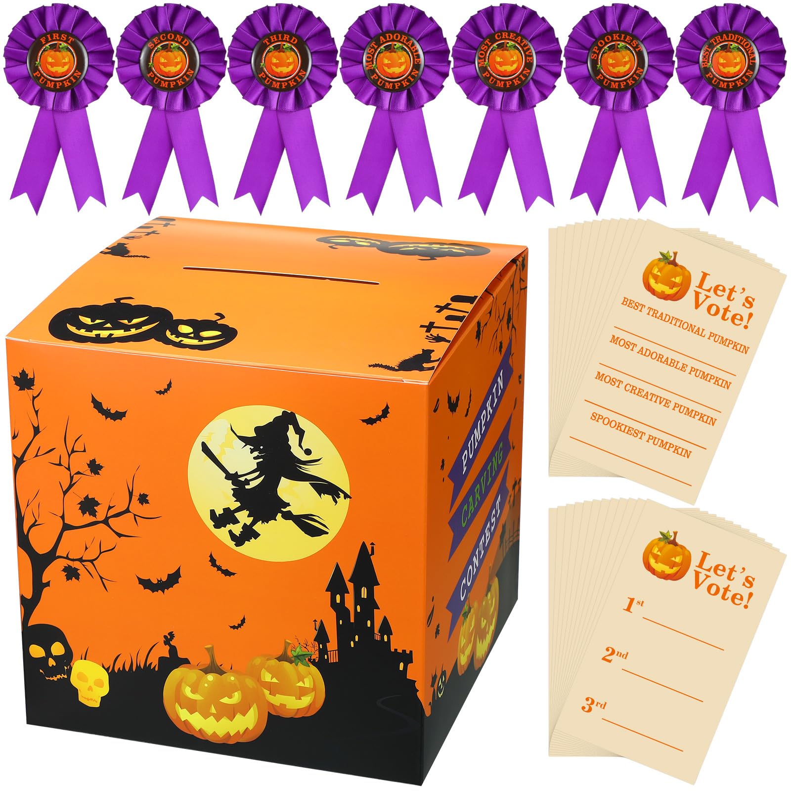 Sasylvia 58 Pcs Halloween Pumpkin Carving Contest Awards Kit Including Halloween Ballot Box 50 Voting Cards 7 Pumpkin Carving Prize Award Ribbons for Pumpkin Carving Game Party Decoration