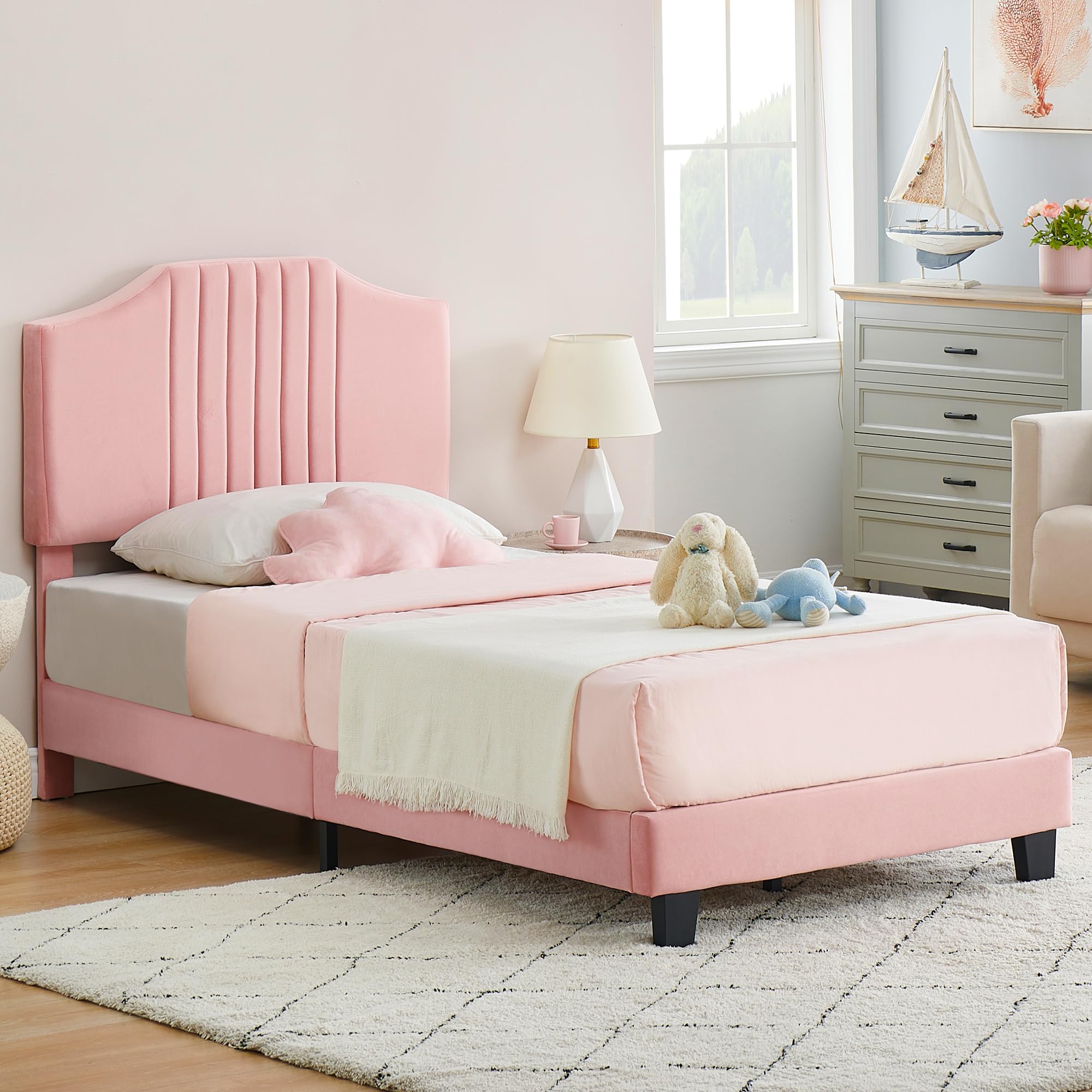 IDEALHOUSE Twin Bed Frame Upholstered Platform with Headboard, Strong Frame and Wooden Slats Support, Velvet Fabric Wrap, Non-Slip and Noise-Free,No Box Spring Needed, Easy Assembly, Pink