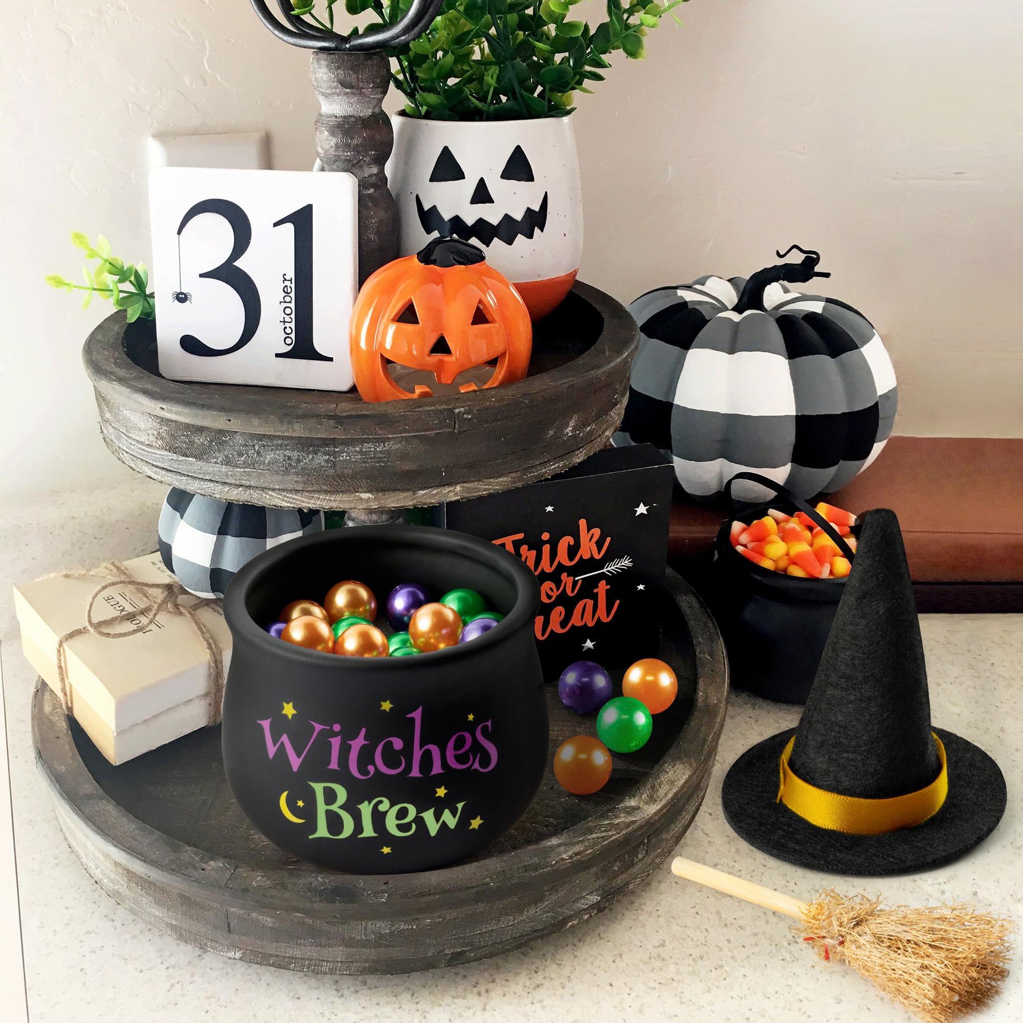 WATINC Halloween Witches Brew Candy Dish Mini Witches Cauldron Ceramic Candy Bowl Tiered Tray Decor, Trick or Treat Broomstick Snack Serving Bowl Decoration, Candy Bucket for Halloween Wizard Party