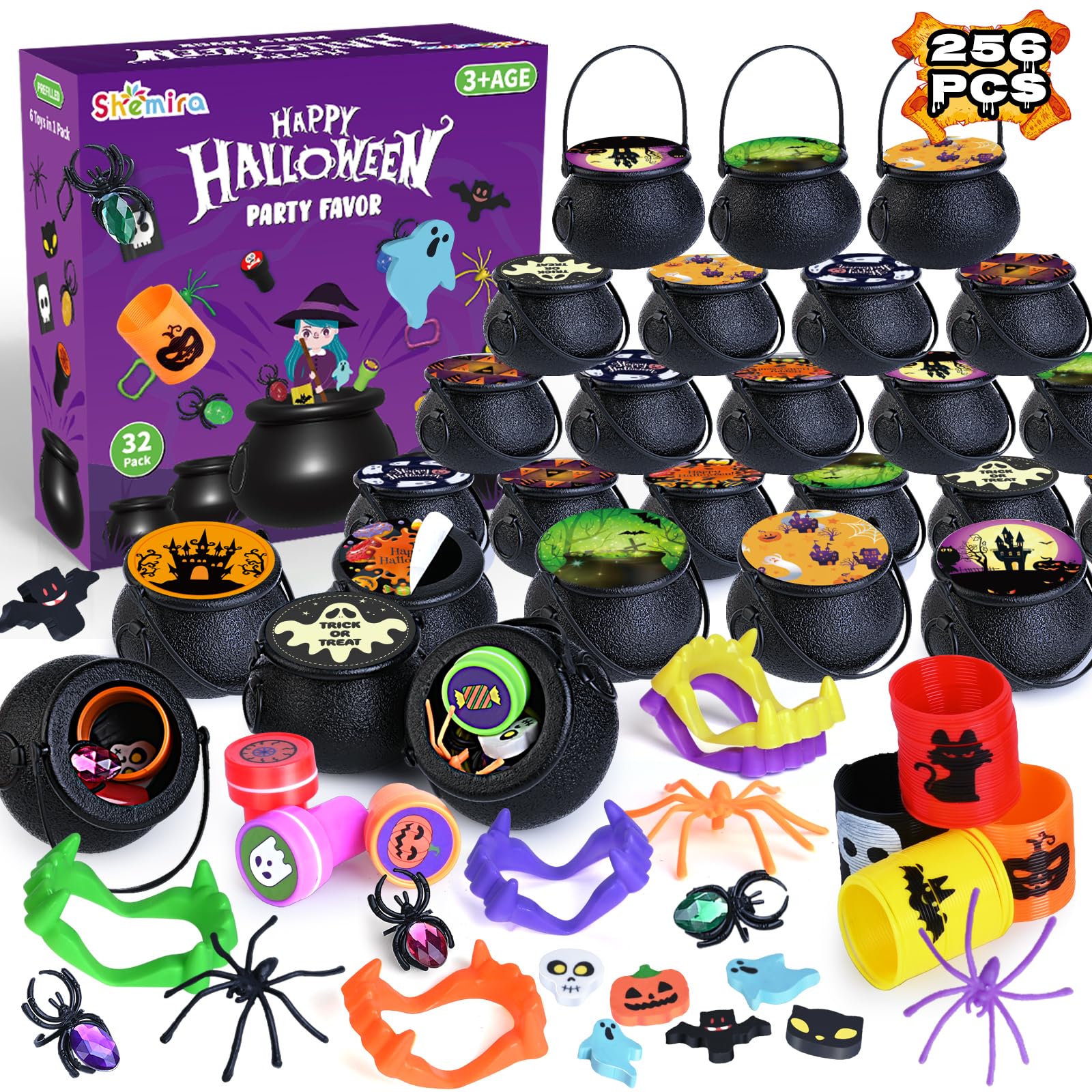 256 PCS Halloween Party Favors Bulk for Kids, 32 Pack Prefilled Witch Cauldrons with Halloween Toys, Halloween Goodie Bag Fillers, Halloween Party Supplies, Halloween Miniatures Novelty Toys