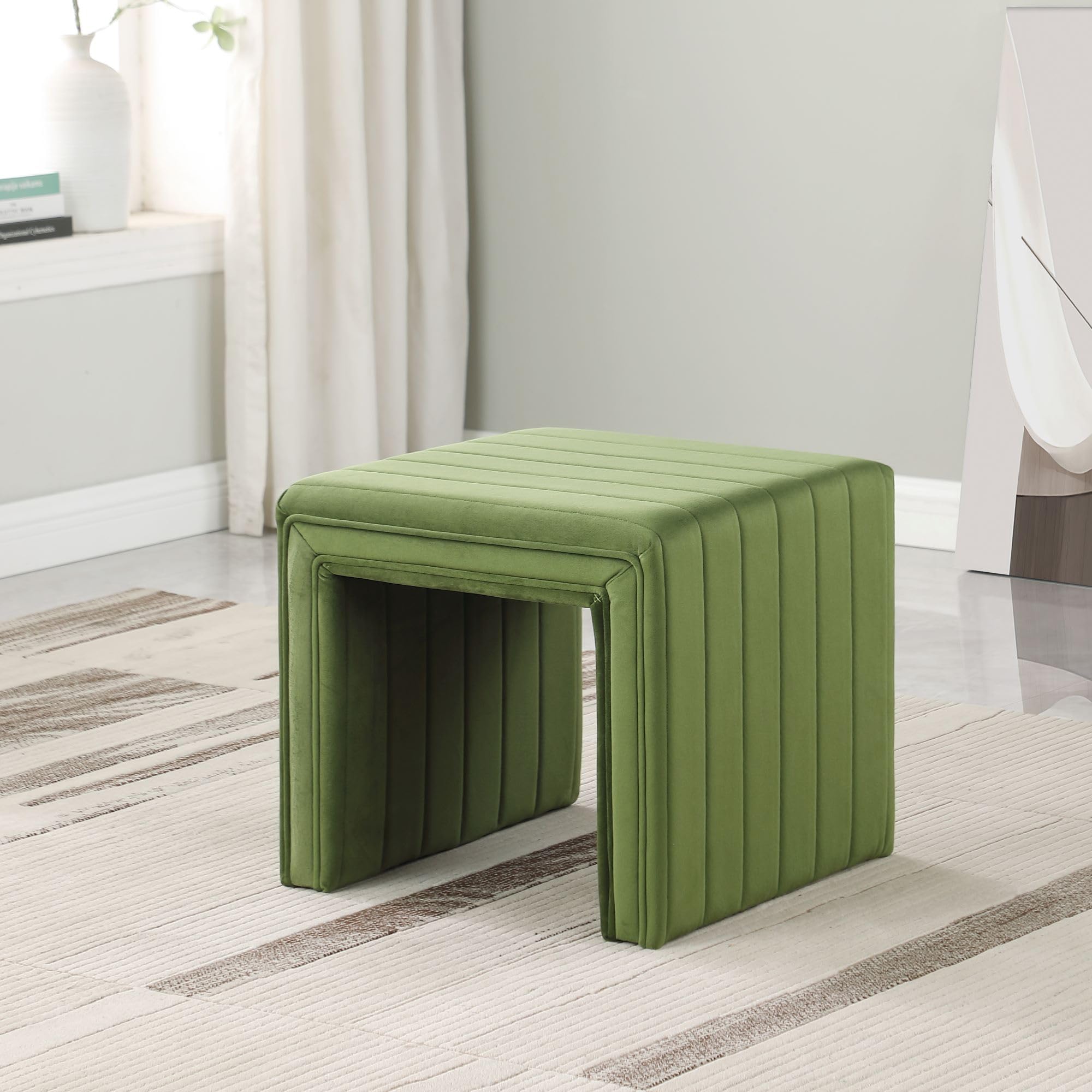 HomePop Modern Channel Tufted Velvet Ottoman Home Décor|Ottoman for Living Room & Bedroom - Green