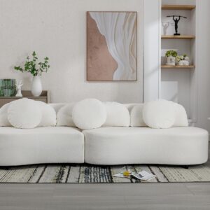 103.9" Modern Living Room Sofa, Lamb Velvet Upholstered Curved Sofa, Back Upholstered Couch with 3 Decorative Throw Pillows, Teddy Fabric Couch for Living Room/Office/Apartment, Beige