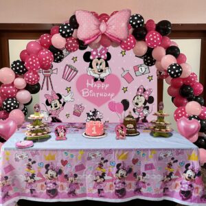 Pink Mouse Birthday Backdrop 6x4ft and Pink Mouse Color Balloon Garland Kit,116 pcs Pink Black Dot Balloon Arch with Pink Bow Balloons for Girls Mouse Theme Birthday Baby Shower Party Supplies