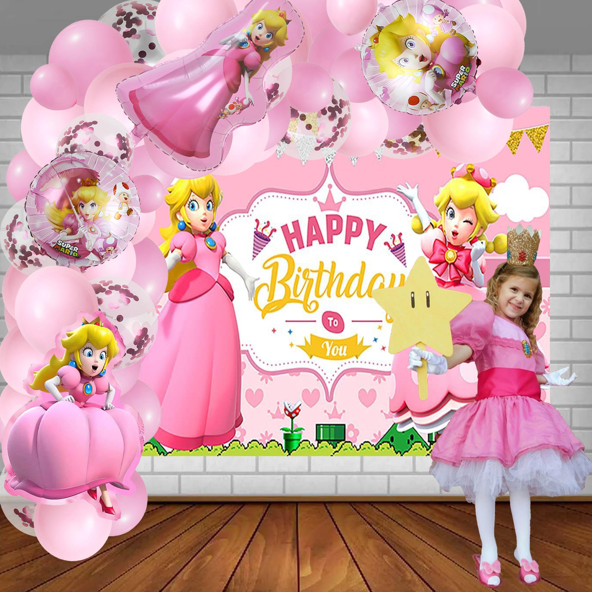 Princess Peach Birthday Party Supplies, Princess Peach Theme Party Decorations, Princess Peach Theme Party Favors Include Garland Arch Kit, Foil Balloon, Backdrop, Tablecloth