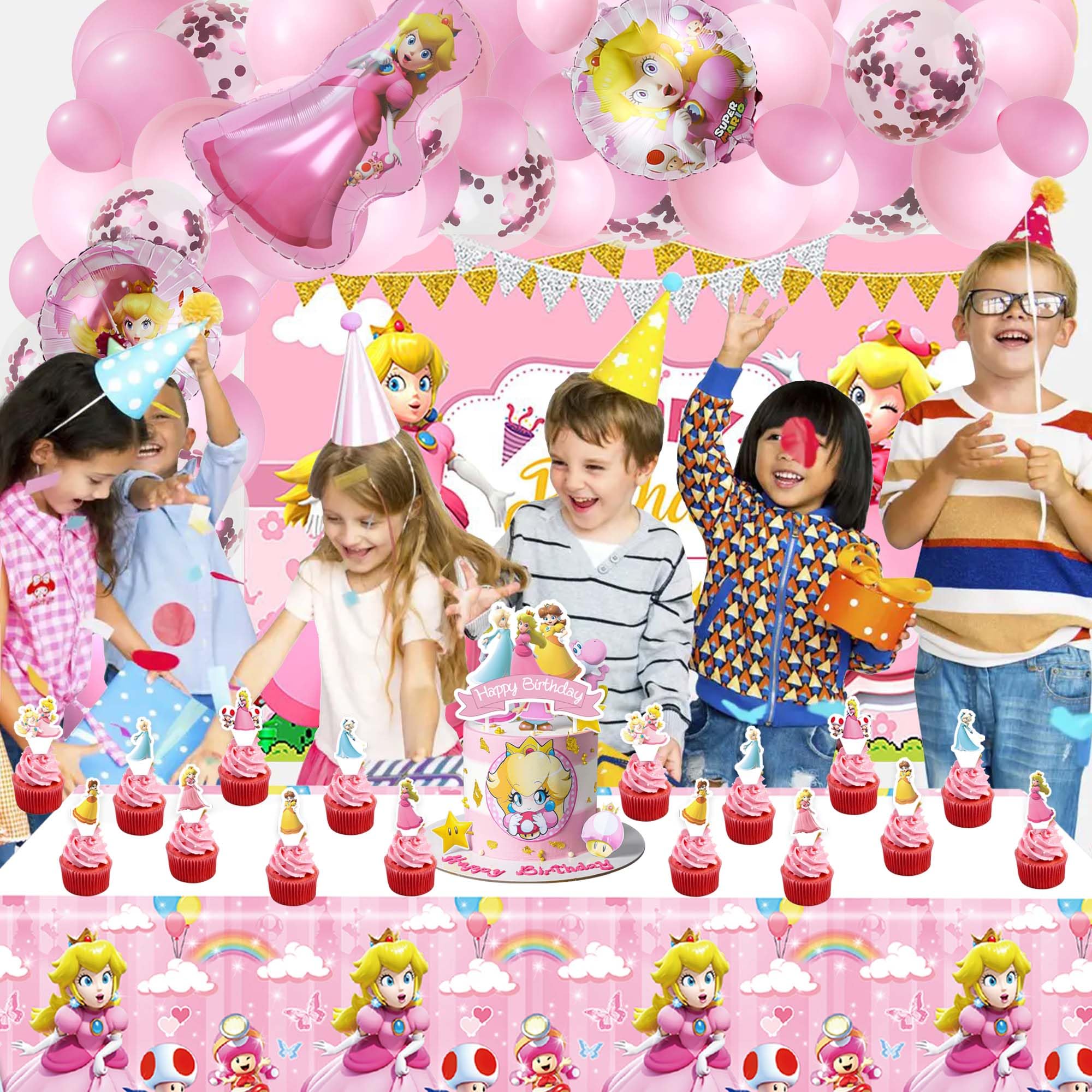 Princess Peach Birthday Party Supplies, Princess Peach Theme Party Decorations, Princess Peach Theme Party Favors Include Garland Arch Kit, Foil Balloon, Backdrop, Tablecloth