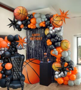 froufing basketball balloon garland arch kit, 136pcs orange gray black white and silver with foil star balloons for 1st birthday party baby shower sports theme supplies decorations