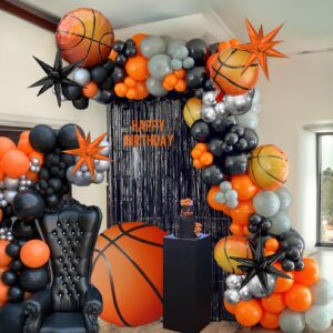 FROUFING Basketball Balloon Garland Arch Kit, 136pcs Orange Gray Black White and Silver with Foil Star Balloons for 1st Birthday Party Baby Shower Sports Theme Supplies Decorations