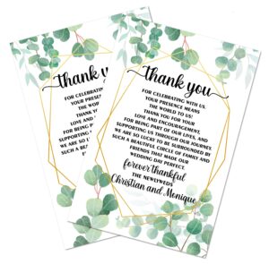 personalized eucalyptus wedding thank you place cards, custom place setting cards, for bridal shower, reunion, reception, celebration, rehearsals, dinner parties, events 50 cards 4"x6". made in usa