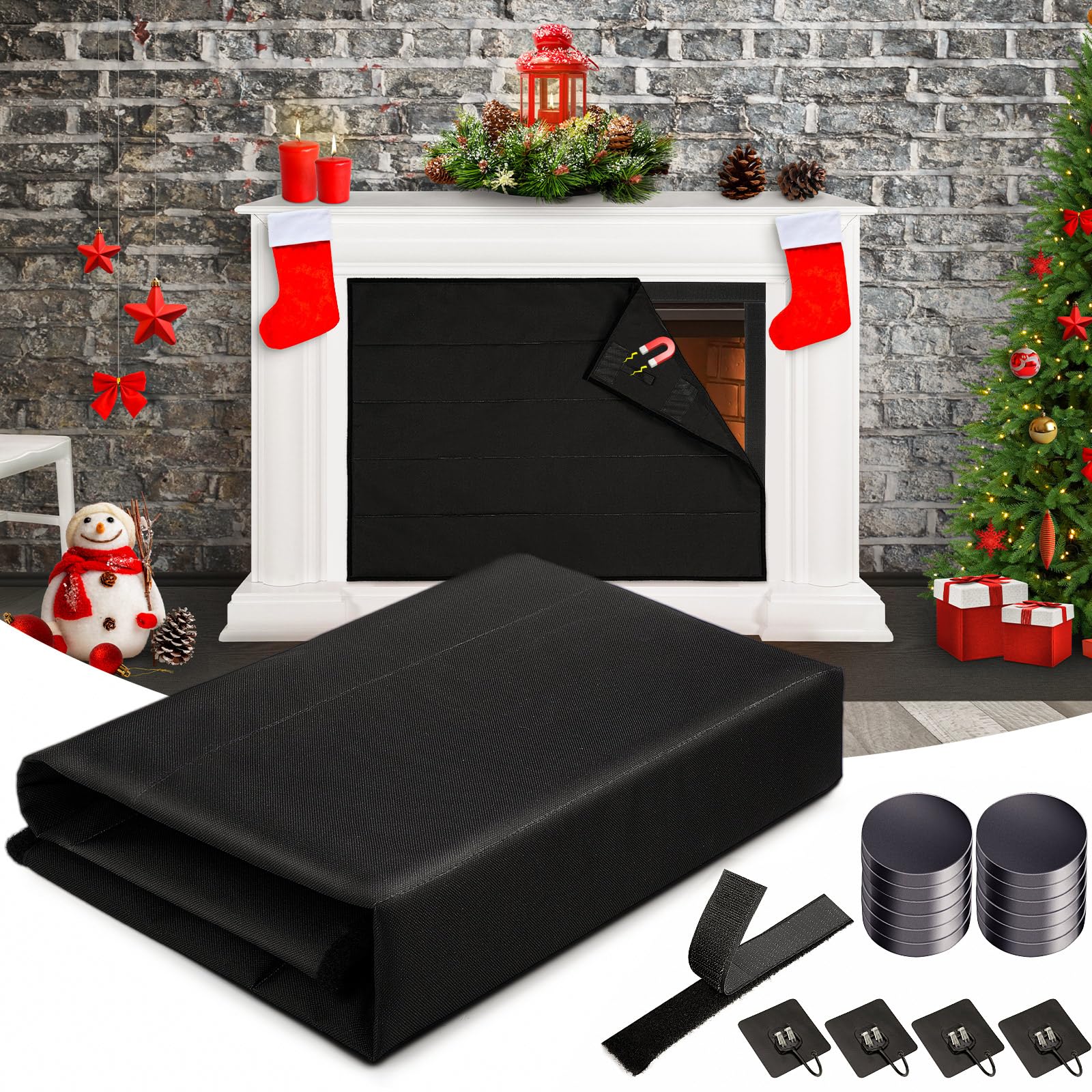 Magnet Fireplace Cover, 39” x 32” Fireplace Blocker Blanket with 12 Strong Magnets and Hooks, Fireplace Draft Blocker Stops Heat Loss Save Energy, for Metal or Non-Metal Framed Fireplace