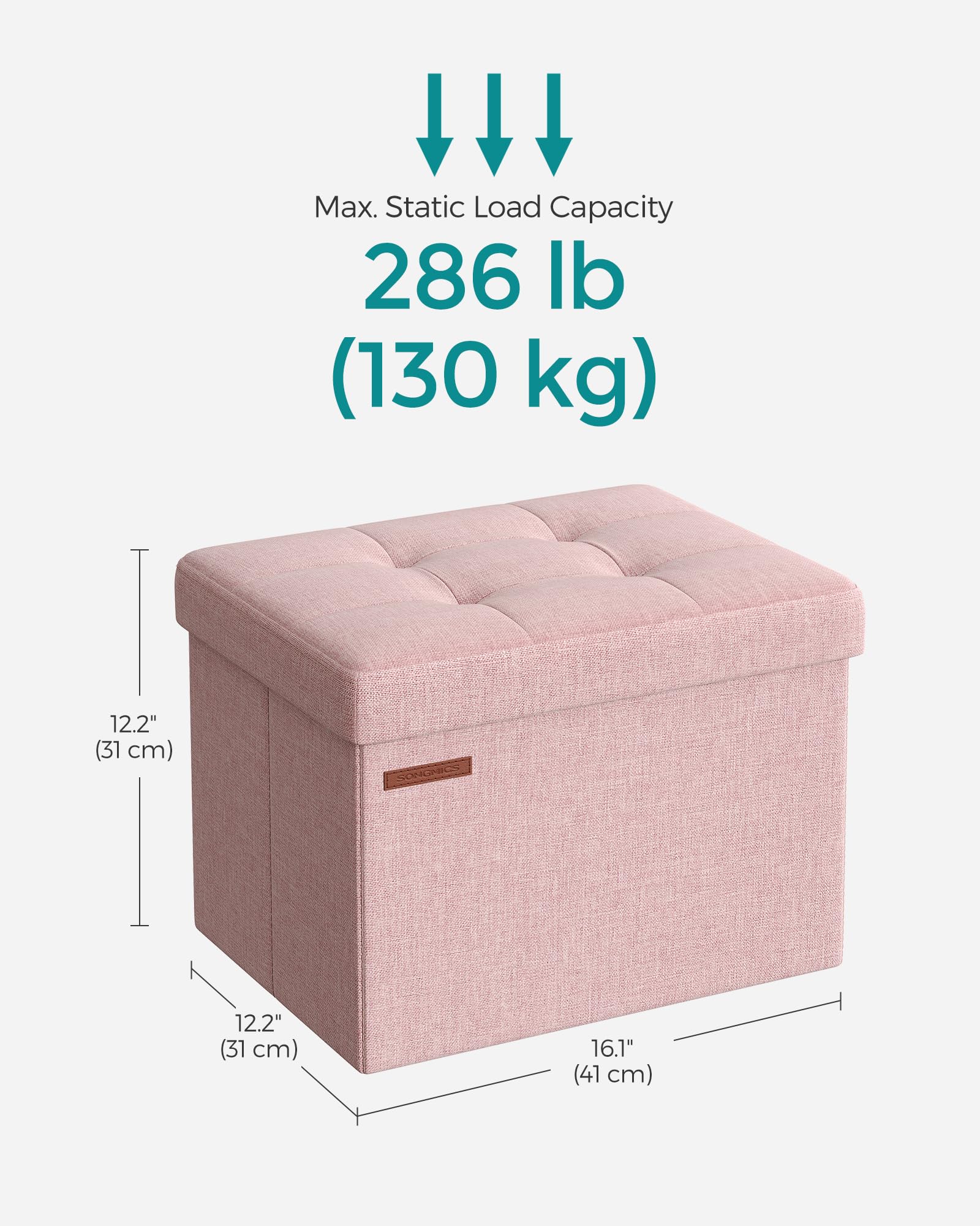 SONGMICS Small Folding Storage Ottoman, Foot Rest Stool, 12.2 x 16.1 x 12.2 Inches, 286 lb Load Capacity, for Living Room, Bedroom, Home Office, Dorm, Jelly Pink ULSF102R01