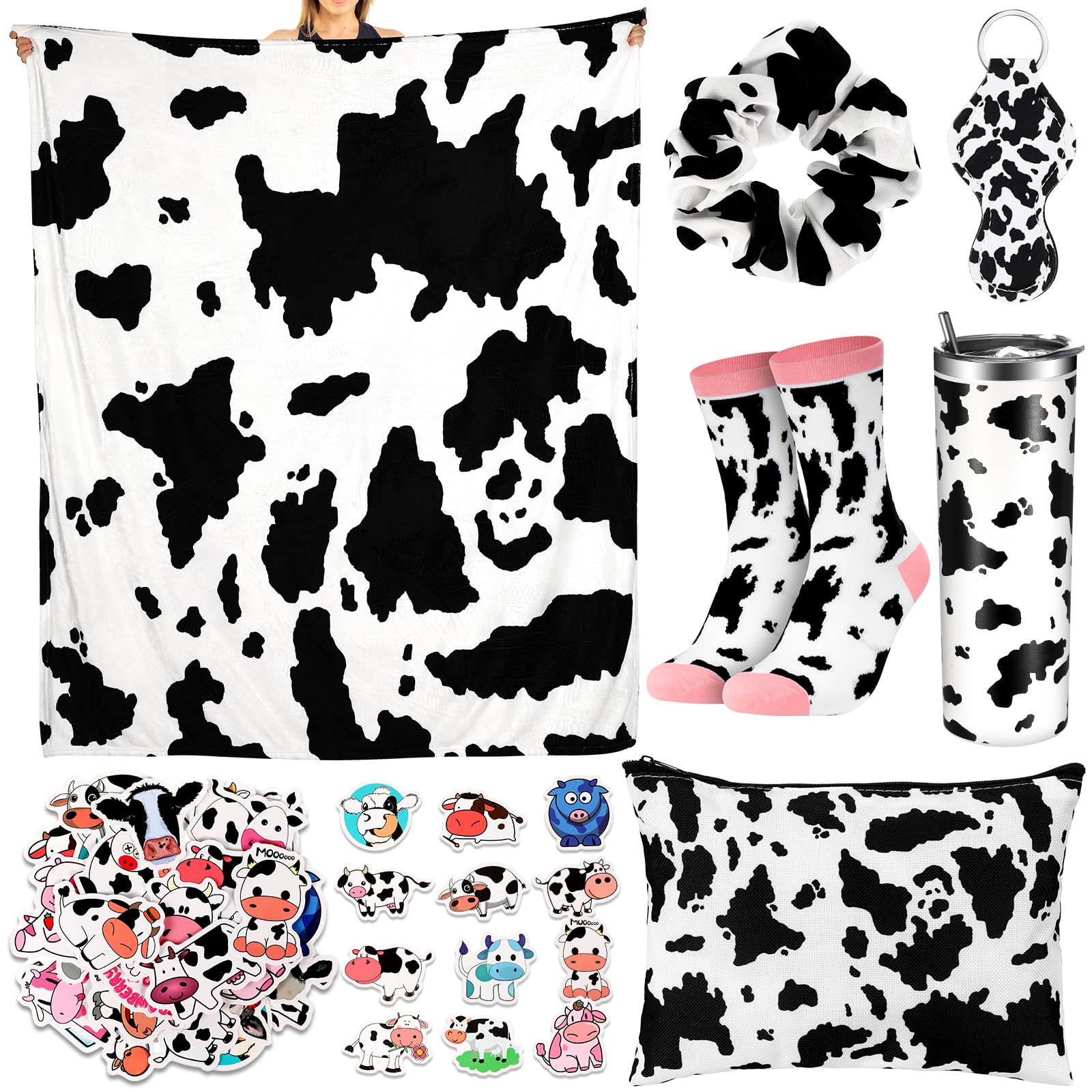 Bokon Cow Print Stuff for Girls, Cow Themed Set Include 50" x 60" Warm Plush Cute Blankets 20 oz Cow Tumbler Socks Cosmetic Bag Lipstick Holder Scrunchies Cow Sticker for Cow Lover