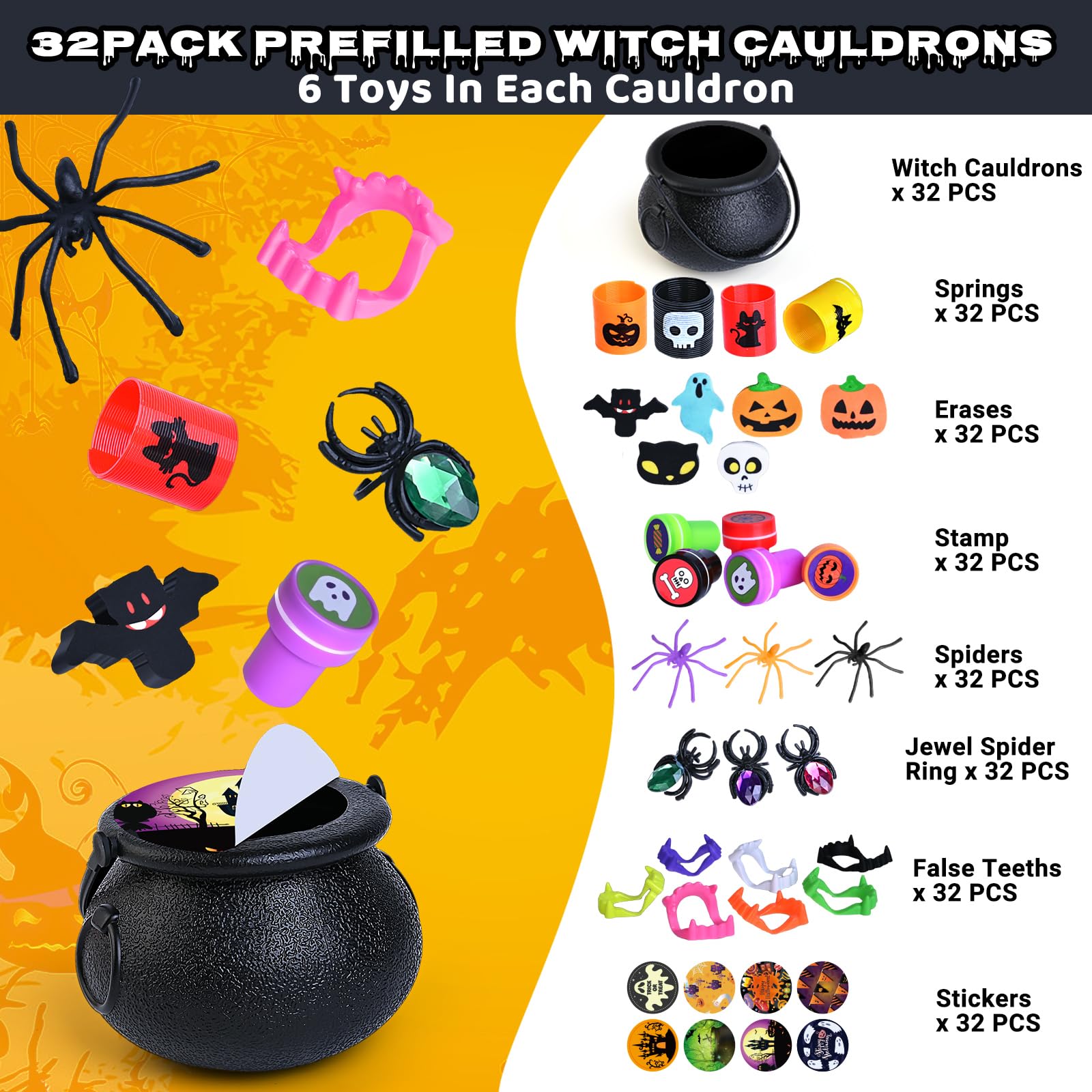 256 PCS Halloween Party Favors Bulk for Kids, 32 Pack Prefilled Witch Cauldrons with Halloween Toys, Halloween Goodie Bag Fillers, Halloween Party Supplies, Halloween Miniatures Novelty Toys