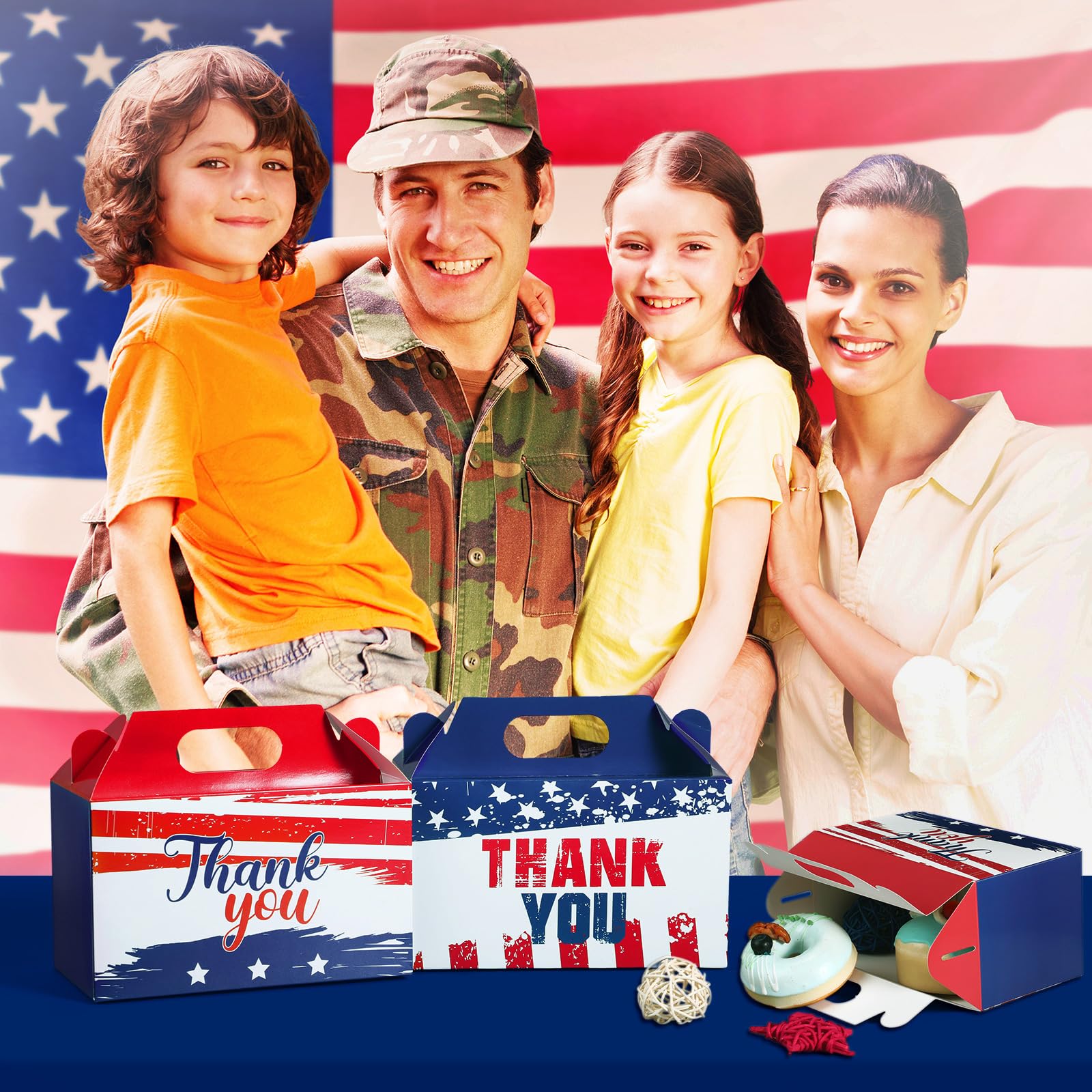 Pasimy 24 Pcs Patriotic Gift Boxes Veterans Thank You Party Favor Boxes Small Red White Blue Candy Treat Goodie Boxes Usa Flag Veterans Boxes for Veterans Day Party Supplies Memorial Independence