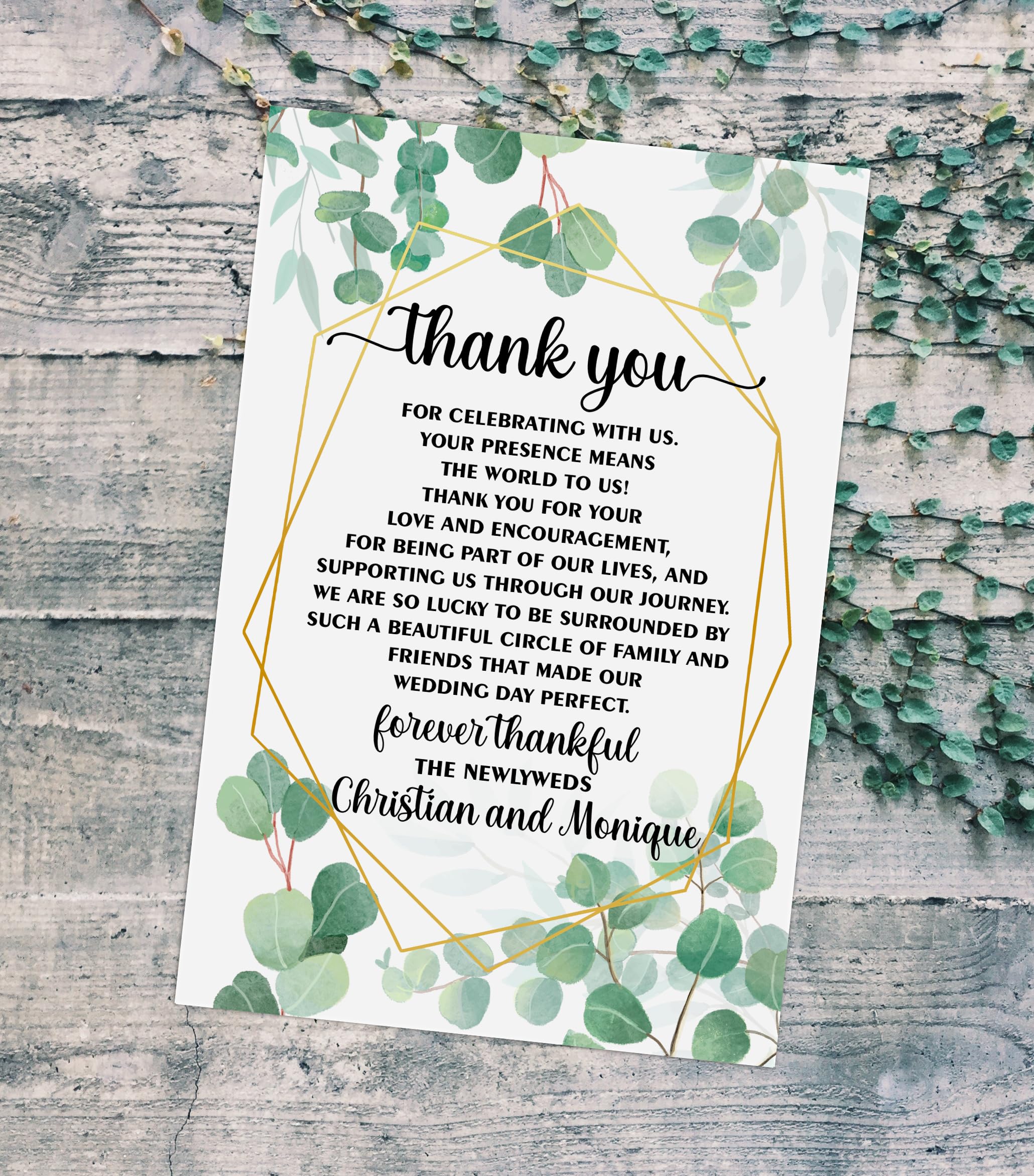 Personalized Eucalyptus Wedding Thank You Place Cards, Custom Place Setting Cards, For Bridal Shower, Reunion, Reception, Celebration, Rehearsals, Dinner Parties, Events 50 Cards 4"x6". Made in USA