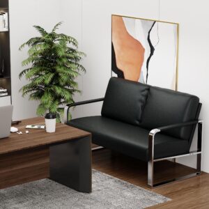 POINTANT Love Seat Mini Couch Small Settee Loveseat Bench for Living Room, Faux Leather Loveseat Sofa Small Sofa Couches for Small Spaces with Padded Cushion, Mid Century Modern Black Love Seats